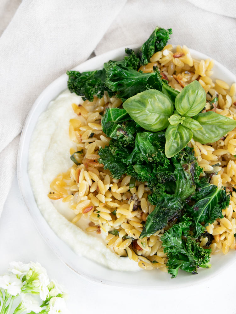 Lemon Kale Orzo with Garlic & Breadcrumbs