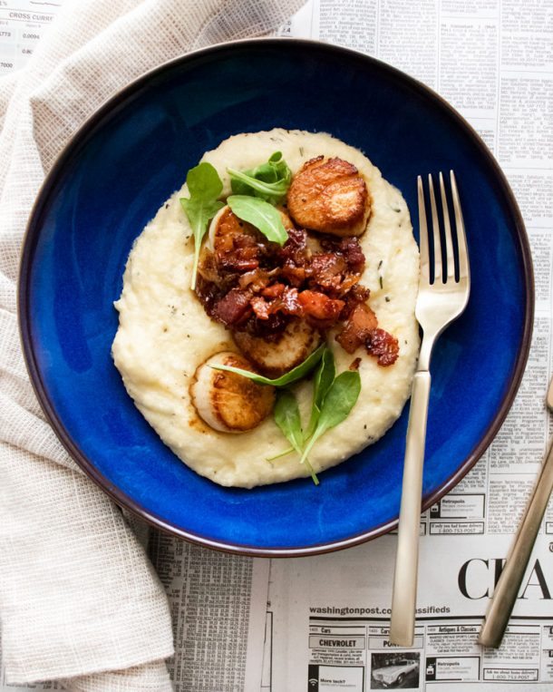 Seared Scallops with Bacon Jam and Rosemary Parmesan Polenta About
